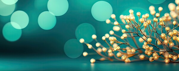 Poster - Micro foliage idea. Elegant golden branch against a shimmering turquoise background with soft bokeh lights.