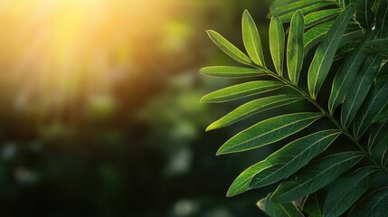 Poster - Micro foliage idea. A close-up of green leaves bathed in sunlight, highlighting nature's beauty and tranquility.