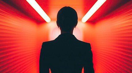 Aufkleber - Businesswoman silhouettes concept. Silhouette of an individual in a vibrant red environment, exploring identity and emotion.