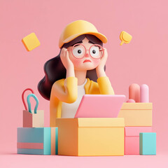Aufkleber - worried woman with glasses and cap surrounded by colorful boxes, expressing stress while using laptop