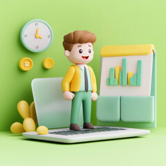 Fototapete - cheerful character stands on laptop with graphs, clock, and green background