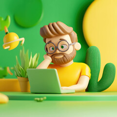 Poster - cheerful man with glasses works on laptop in vibrant green and yellow setting, surrounded by plants