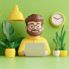 Fototapete - cheerful man working on laptop in vibrant green workspace with plants