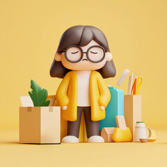 Aufkleber - stylized character with glasses stands among various items, including boxes and plants, in cheerful setting