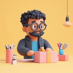 Aufkleber - character with glasses and curly hair, sitting at desk with gifts and stationery, expressing contemplation