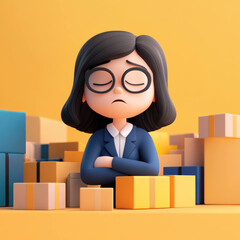 Aufkleber - animated woman in suit looks frustrated among colorful boxes, conveying sense of overwhelm