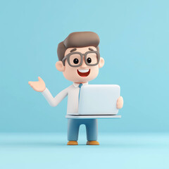 Poster - cheerful marketing manager presenting with laptop in playful style