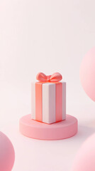 Leinwandbilder - gift box with pink ribbons on platform, surrounded by soft pink spheres, creates cheerful and minimalist design
