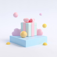 Leinwandbilder - gift box with bow sits pastel platform, surrounded by colorful spheres. soft edges and minimalist design create cheerful