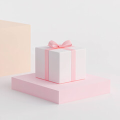 Poster - gift box with pink ribbon sits on soft platform, surrounded by minimalist white background, creating serene atmosphere