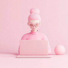 Aufkleber - stylish woman in pink attire works on laptop in minimalistic setting, exuding confidence and creativity