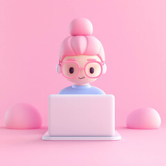 Aufkleber - Cute character with pink hair using laptop in pastel pink setting