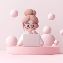 Aufkleber - character with glasses working on laptop in pink environment, surrounded by spheres
