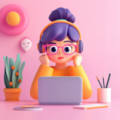 Aufkleber - colorful illustration of woman with headphones, focused laptop. She is surrounded by plants and stationery, creating