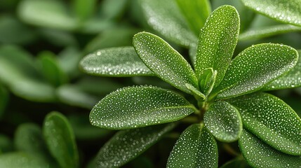 Poster - Micro foliage idea. Close-up of vibrant green leaves with morning dew glistening in natural light.