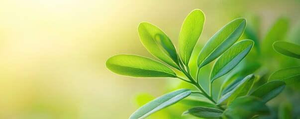 Poster - Micro foliage idea. Close-up of vibrant green leaves illuminated by soft natural light.