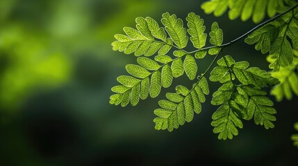 Poster - Micro foliage idea. Close-up of vibrant green leaves with intricate details and soft lighting.
