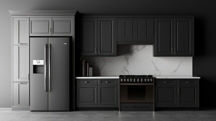 Wall Mural - Dark gray kitchen interior with marble countertop, refrigerator, oven, and cabinets.