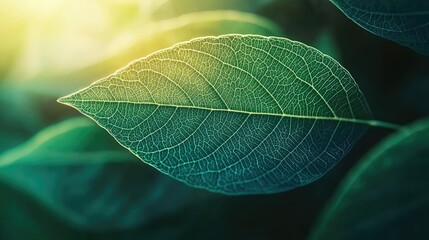 Poster - Micro foliage idea. Close-up of a green leaf showcasing intricate veins and vibrant colors in natural light.