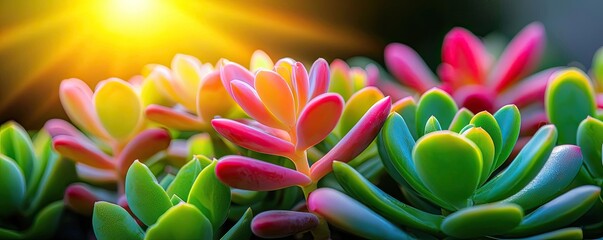 Aufkleber - Micro foliage idea. Vibrant succulent plants basking in sunlight, showcasing their colorful leaves and textures.