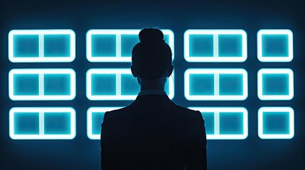 Aufkleber - Businesswoman silhouettes concept. Silhouette of a woman observing digital screens in a high-tech environment.