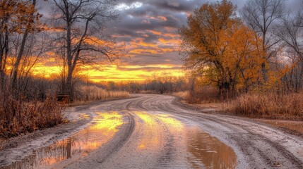 Canvas Print - Autumn sunset over a muddy country road.