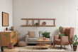 © Pixel-Shot - Light living room with brown armchair, cozy sofa, coffee table and chest of drawers