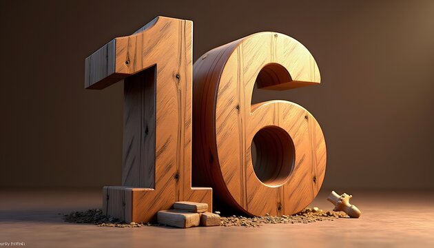Wooden Number Sixteen: A 3D Render of the Number 16 Crafted from Wood