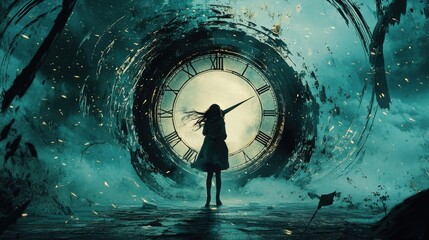 Leinwandbilder - Dynamic clock hands spinning forward as a figure steps into time surreal setting digital art enigmatic atmosphere perspective on time and transformation