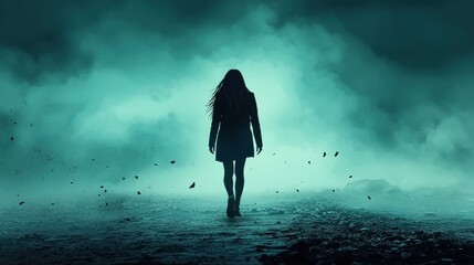 Poster - Shadowy figure walking away into the fog abandoning the standard mystical landscape ethereal environment atmospheric viewpoint transcendent concept