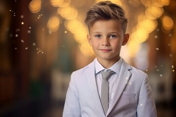 Wall Mural - Portrait of a boy in a white suit on a background of the night city