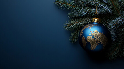 Blue Christmas globe ornament featuring a world map symbolizes global unity, peace, and holiday spirit. Perfect for banners, emphasizing universal togetherness with a festive touch