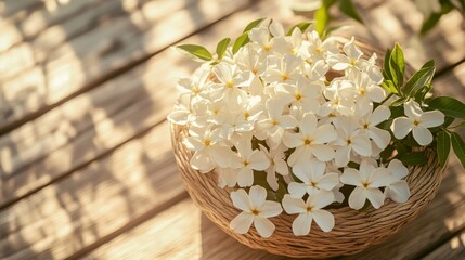 Poster - A cluster of white jasmine flowers in a woven basket on a sunlit patio table, top-down shot, Outdoor relaxation style