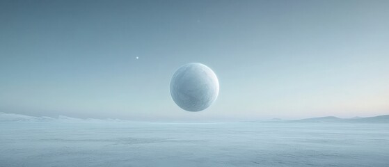 Wall Mural - A large white ball is floating in the sky above a vast, empty, snowy landscape