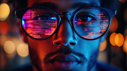 A man programmer with glasses reflects coding script, symbolizing web development, cybersecurity, and data protection for company databases.