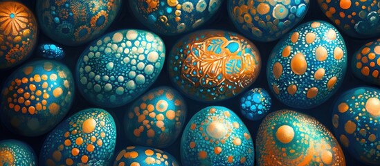 Vibrant hand painted Easter eggs arranged in a textured background showcasing intricate designs and colorful patterns for festive celebrations