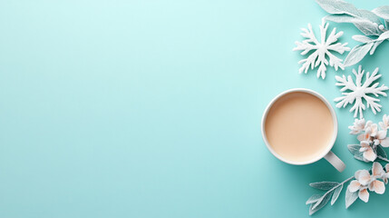 Top view of a coffee mug with festive foam art in the shape of a snowflake, symbolizing warmth, holiday spirit, and coziness. Perfect as a banner with copy space for seasonal themes or advertisements