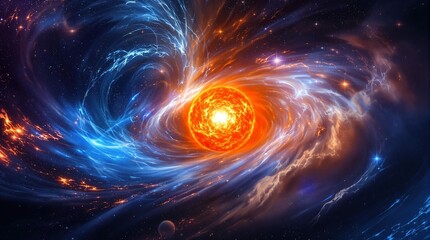 Wall Mural - a vibrant cosmic scene featuring a bright, fiery star at the center, surrounded by swirling blue and