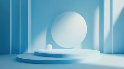 Poster - Serene soft blue abstract background with circular elements and gentle shadows for modern design and minimalistic aesthetics