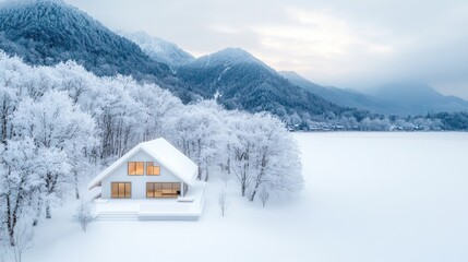 Sticker - Modern house covered in snow near a frozen lake and mountains.