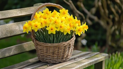Aufkleber - A cluster of yellow daffodils in a wicker basket on a wooden bench in a garden, top-down shot, Spring garden delight style