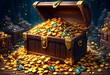 © Stefan Schurr - Growing gold and diamond treasure pile. Cartoon game assets of gems and coins stack, bag and old wooden chest full and overflowing