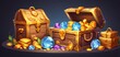 © Stefan Schurr - Growing gold and diamond treasure pile. Cartoon game assets of gems and coins stack, bag and old wooden chest full and overflowing