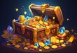 © Stefan Schurr - Growing gold and diamond treasure pile. Cartoon game assets of gems and coins stack, bag and old wooden chest full and overflowing