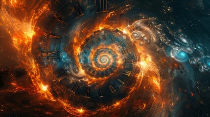 Poster - swirling galaxy with fiery colors and clock elements captured in vibrant cosmic landscape