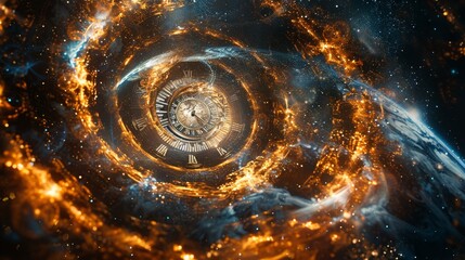 Poster - cosmic whirlpool of time and space with glowing clock and planets in vibrant colors