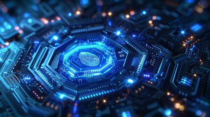 Poster - Exploring a futuristic circuit board with vibrant blue lights and intricate electronic components