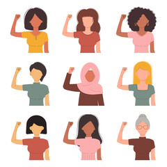 International Womens Day 8 march. Campaign 2025 AccelerateAction. Group of women in different ethnicity,age,hair color,more showing strength in their hand. Flat faceless vector illustration