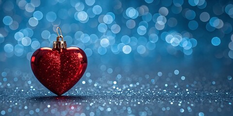 Poster - A red heart ornament is sitting on a blue background