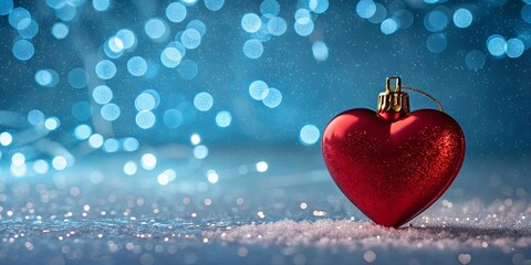 Poster - A red heart ornament sits on a snowy surface